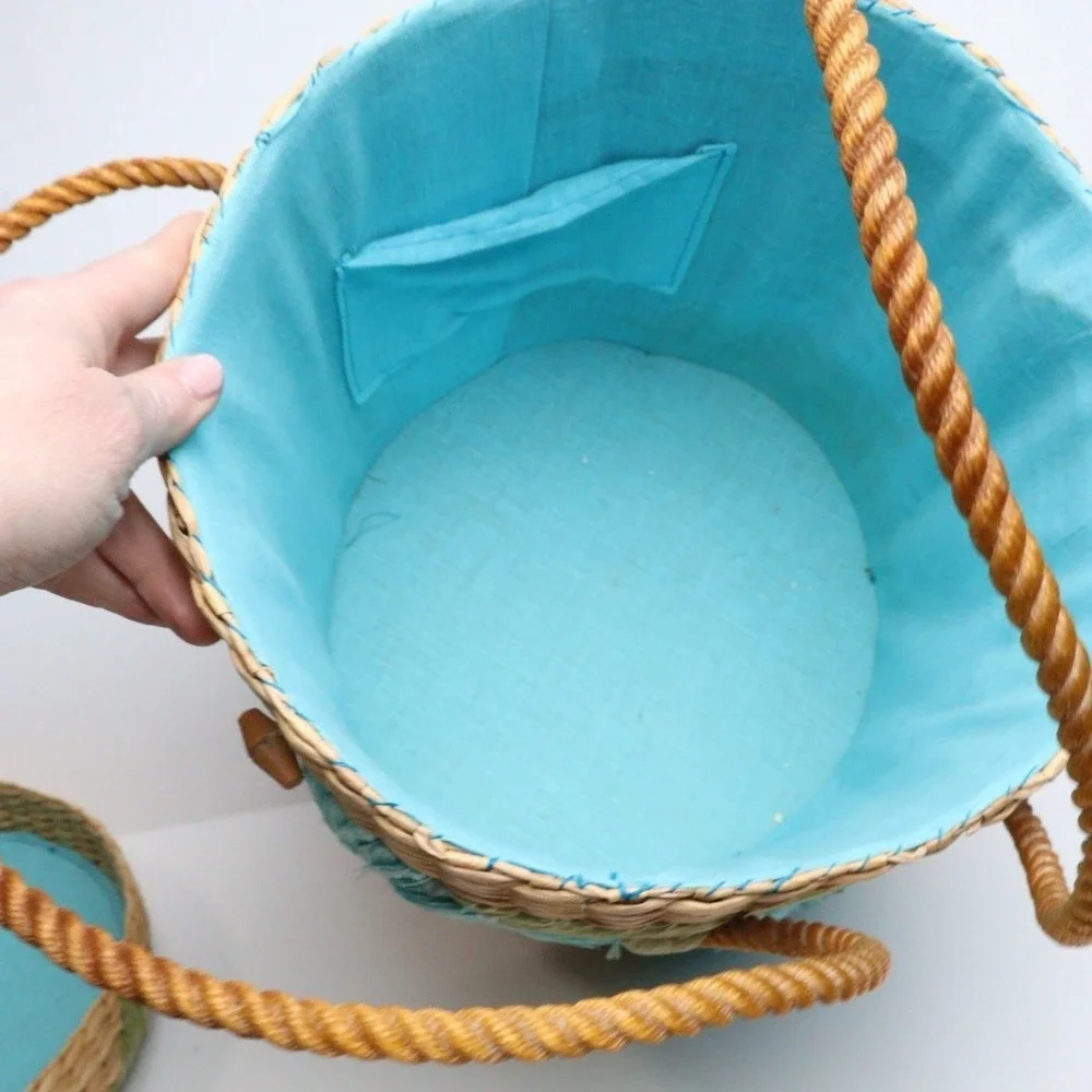 VTG Handmade Straw Raffia Woven Basket with Handle & Lid‎ Floral Boho MCM